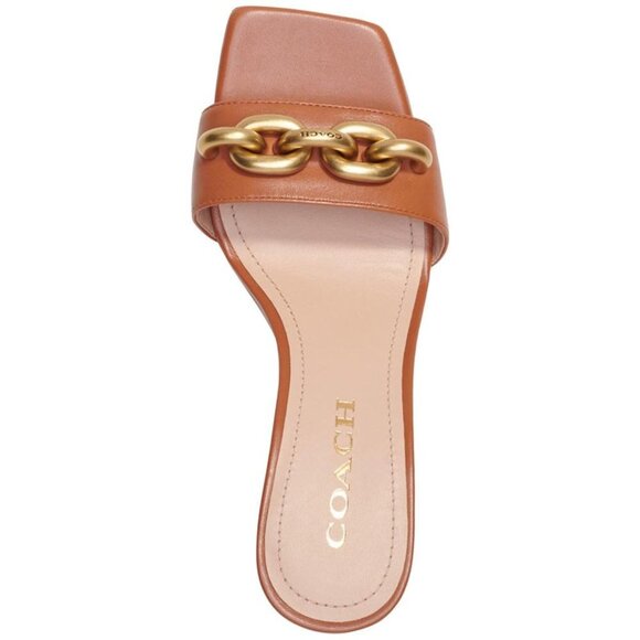COACH Elsie 70MM Chain Trimmed Slide Wedge Leather Sandals 8 Burnished Amber - Picture 1 of 8